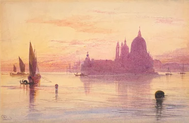 Santa Maria della Salute, Venezia, ved solnedgang, 1865-84 (akvarell og gouache over grafitt på vevd papir)
